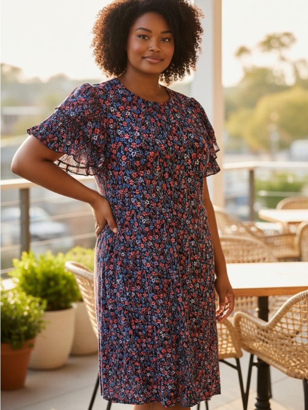 Tommy Hilfiger Navy Floral Midi Dress with Flutter Sleeves